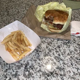Double meat bacon cheeseburger! And fries.
