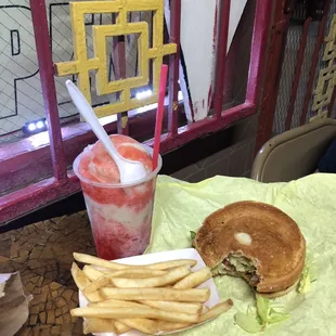 Strawberry knockout with a cheeseburger basket