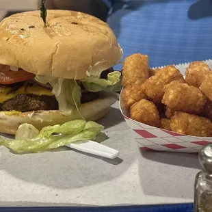 a burger and tater tots