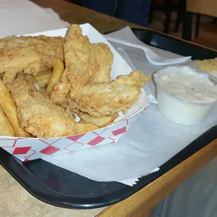 Chicken strips!  Golden and fresh.  Damn good!