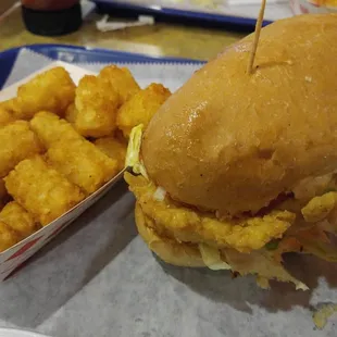 Awesome shrimp poboy and tater tots!!!