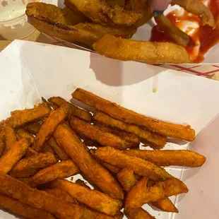 batter dipped onion rings / sweet potato fries.
