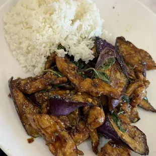 Basil Eggplant, chicken &amp; prawns.