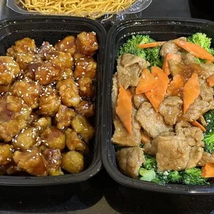 Meatless Sesame Chicken and Broccoli Beef