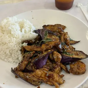Basil eggplant, chicken &amp; prawns lunch deal.
