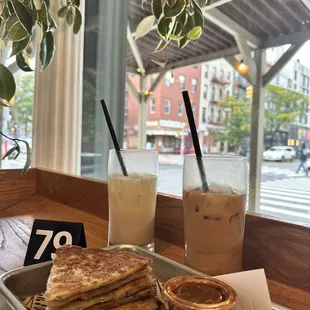 Scallion pancakes and mochi  donut  Iced Milk tea iced latte