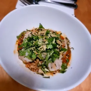 Pan-Griddled Pork Buns- Herbs + chili vinaigrette. Minuscule portion but pretty tasty