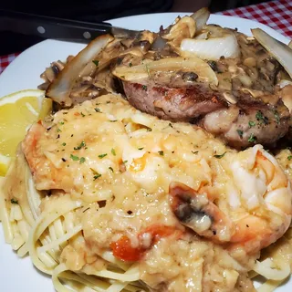 Ribeye and Shrimp Alfredo