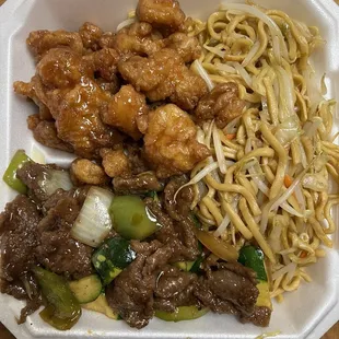 Two item special m. Mongolian beef, orange chicken and chow mein