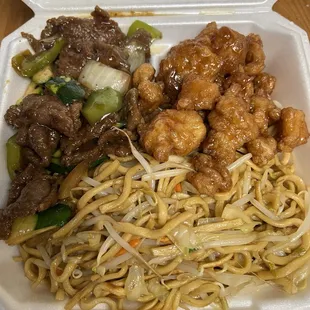 Mongolian beef, orange chicken and chow mein