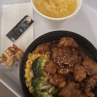 Lunch special: Sesame chicken w/fried rice and soup. Great deal. Tastes great.