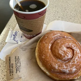 Cinnamon roll, small coffee