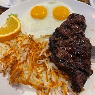 NY Steak, 2 eggs &amp; hash browns with toast