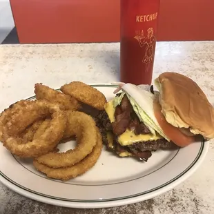 a burger and onion rings