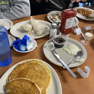 Pancakes,biscuits and gravy and country fried steak