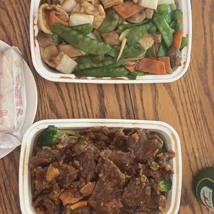 chicken with snow peas &amp; orange beef