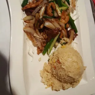 Mongolian trio, fried rice