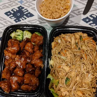 Takeout General Tso's with fried rice and chicken lo mein - big portions!