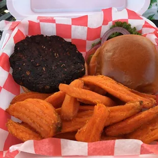 Veggie burger and sweet potato fries