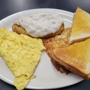Chicken fried steak and eggs