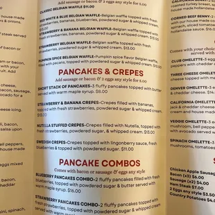 French toast, waffles and pancakes menu