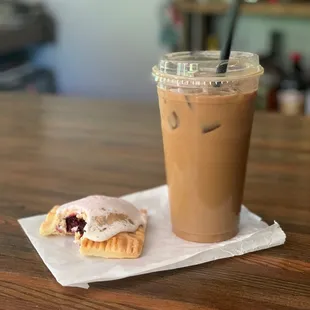 Blackberry Lavender pop tart (gold flakes) and a chai latte with 1/2 chai and 4 shots of espresso