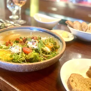 Bread service, Tomatomania salad, olives and Mas de Gourgonier Rose