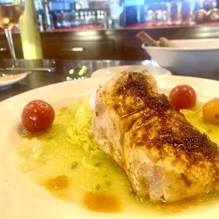 Halibut with saffron rice and gazpacho