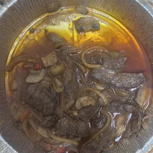 Steak Tips "served with rice, onions and mushroom"