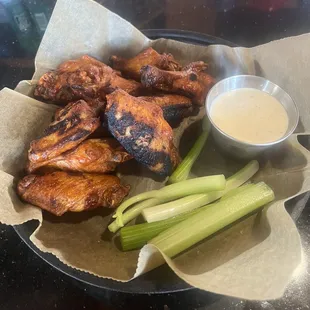 Daytona style wings with BBQ and Medium mixed together. Celery is super crunchy and fresh too.