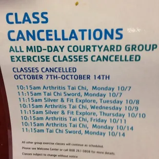 Class cancellations 10/7-10/14/13