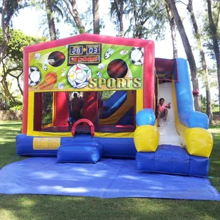 Pick a theme for this 7 in 1 combo bouncer. Features a slide, 2 basketball hoops, obstacles, climb area and large bouncing area.