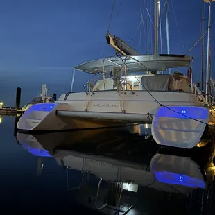 Catamaran at night.