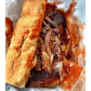 Perfect BBQ Rib Sandwich (Sweet bbq Sauce&amp; Grilled Onions) @ Windy City HotDogs.Chicago, IL Old Fashion South SideChicago Food Place! Cool!