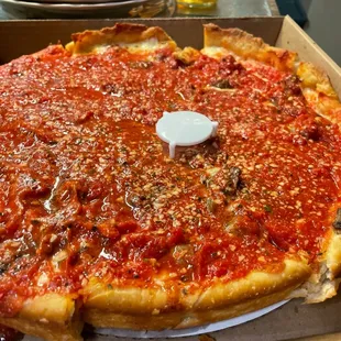 Deep dish, Chicago style, pizza, in Chesapeake, Virginia.