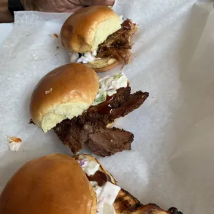 Sliders: pulled pork, beef and chicken with coleslaw