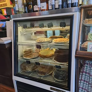a display case full of pies