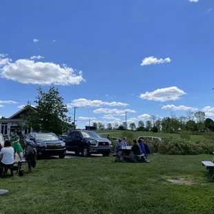 Outside with picnic tables