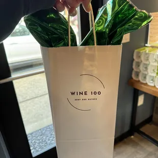 a person holding a bag of wine