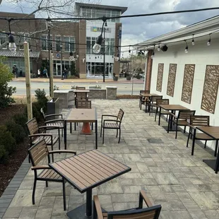 a patio with tables and chairs