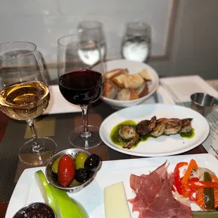 Garlic - Ginger Shrimp, charcuterie (Prosciutto, fig jam, pecorino and Country Olive Mix with Fresh Baguette)