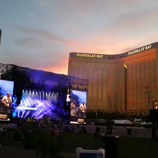 a large stage in front of a hotel