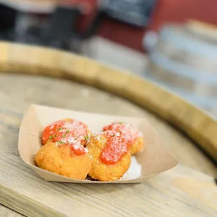 Mac &amp; cheese bites from &quot;The Basket&quot; - Wine Bar George to-go window 5 stars !