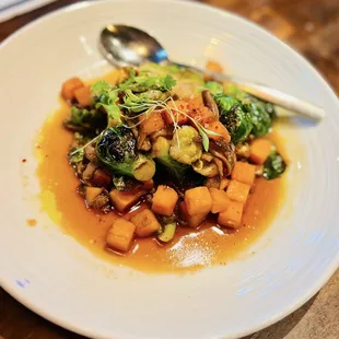 Sweet potatoes and Brussel sprouts