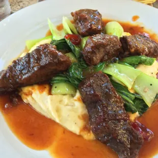 Braised lamb with bok choy and mashed potatoes
