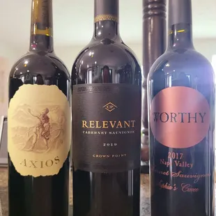 Today's haul. | 2017 Worthy Sophia's Cuvee, 2019 Relevant Crown Point, and 2016 Axios Cabernet Sauvignon.