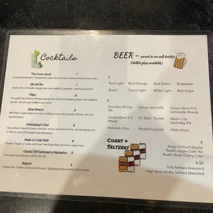 a menu for cocktails
