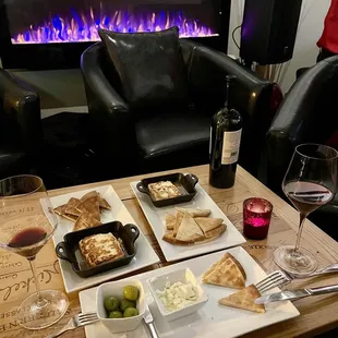 Baked Halloumi, Feta &amp; Olive Plate, and a 2018 Zinfandel.