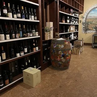 wine bottles on shelves