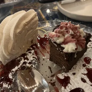 Shared desserts: Meringue and Flourless Chocolate Cake